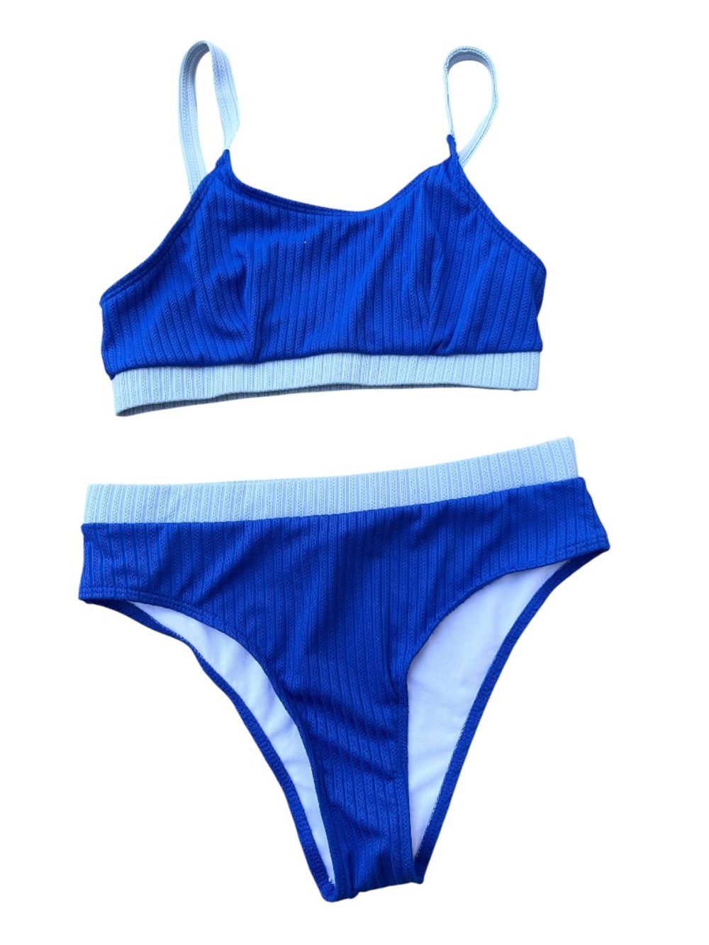 2 Piece Swimsuit Tank style Dark & Light Blue High Waisted Sz M